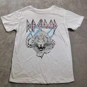 Def Leppard Shirt Kids 10-12 White Leopard Graphic Band Rock Music T-Shirt Top